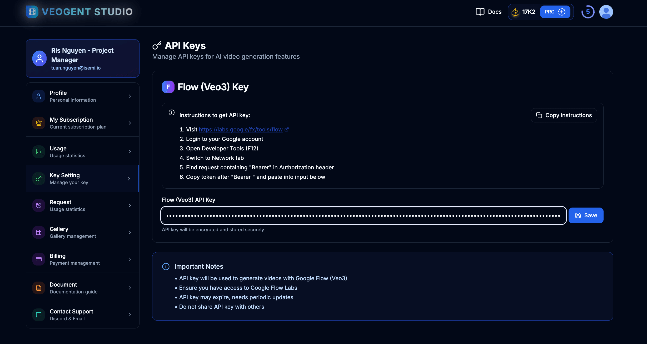 Step 6.1: Update Key to VEOGENT STUDIO